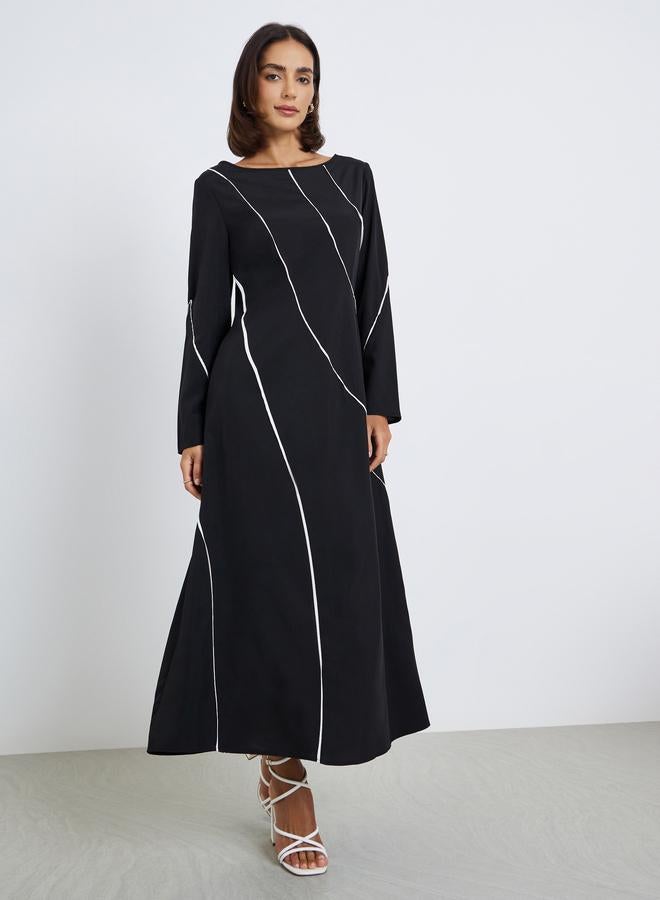 Styli Women Black Contrast Piping A-Line Midi Dress - Image 3